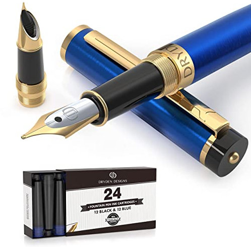 Dryden Designs Fountain Pen - Medium and Fine Nibs | Includes 24 Ink Cartridges and Ink Refill Converter | Calligraphy Pen, Consistent Writing, Smooth Flow - Mysterious Blue