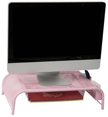 Mind Reader Network Collection, Monitor Stand, 33lb. Capacity, 3-Compartment Storage, 1 Paper Tray and 2 Side Storage Compartments, Desktop Organizer, Metal Mesh, 20 L x 11.5 W x 5.5 H, Pink