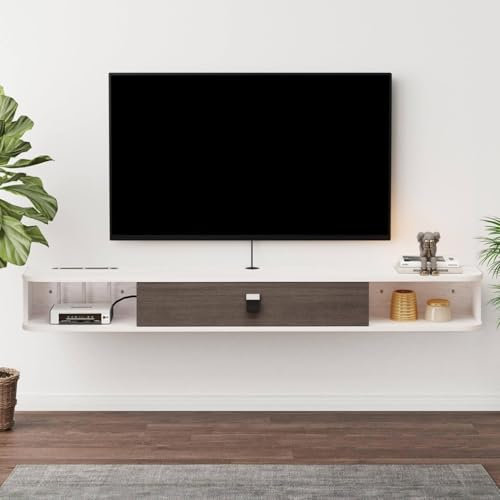 Consola de TV Flotante, Unidad de TV Flotante montada en la Pared, Estante de Pared de Entretenimiento, Consola de Medios con Puerta y Almacenamiento para Oficina en casa (120 cm, Gris Blanco)