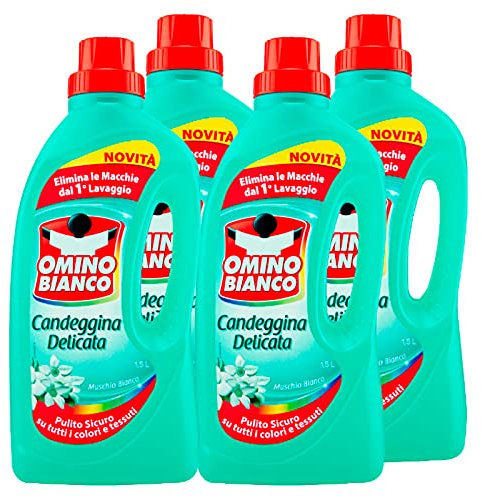Omino Bianco - Blanqueador delicado, tecnología antiolor, acción desinfectante y quitamanchas, esencia de musgo blanco, 1500 ml x 4 unidades
