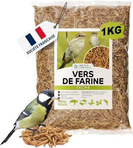 Detox Organica-vers de Farine Séchés - 1kg Correspond à 6500ml, Friandises pour Oiseaux, Poissons, Tortues, Hérissons, Rongeurs et Reptiles