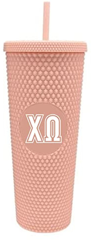 Sorority Shop Chi Omega Studded Tumbler with Straw - 24 Oz Tumbler with Lid and Straw, Matte Coral, Reusable Plastic Cup with Screen Printed Greek Letters for Water, Ice Coffee or Any Drink