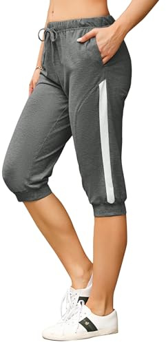 Bresdk Pantaloni Sportivi Donna Pantaloni 3/4 Estivi Pantaloni Tuta Capri Casual con Tasche e Coulisse per Jogger Fitness Grigio Scuro,M