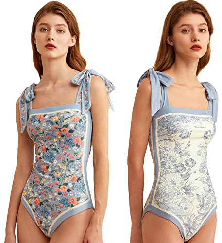 HIDRUO Women Floral One Piece Swimsuits, Square Neck Reversible Tie Shoulder Monokini, Tummy Control Bathing Suits (XL, Blue)
