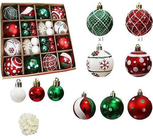 ZAKHSE Weihnachtskugeln, 42 Stück Christbaumkugeln, 3/6cm Bedruckte Weihnachtskugeln Ornament für Weihnachtsbaum, Bruchsichere Weihnachtsbaumkugeln Kiefernzapfen Weihnachtsbaumschmuck-Rot/Grün/Weiß