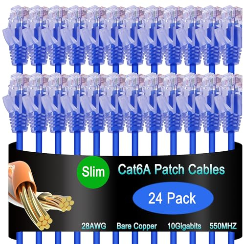 Lysymixs Cat6a Slim Ethernet Patch Cable 3 ft (24 Pack), Cat6a Patch Cable for Data Centers, Cat 6 Cable 10G, Network Patch Cables for Home and Enterprise Network -Blue