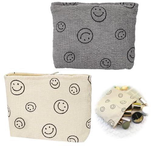 Giugio Kulturbeutel Damen, Kordsamt Kosmetiktasche mit Lächeln Gesicht, Multifunktionaler Reißverschluss Mäppchen Makeup Schminktasche, Groß Kapazität Kosmetiktasche Damen - Weiß+Grau
