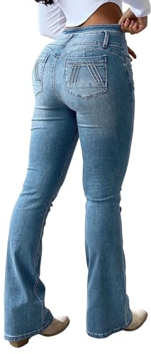 Flamingals Butt Lifting Jeans for Women Trendy High Waist Tummy Control Jeans Bootcut Flare Pants Mid Blue L