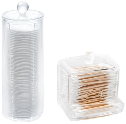 Gebiuhoo 2 Pièces Porte Coton Tige et Boîte à Coton Tampons avec Couvercles Distributeur Bocaux Coton Démaquillant pour Salle de Bain pour Ranger les Disques, Fil Dentaire et Coton Tige