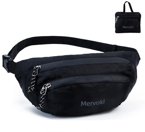 Mervokl Ultraleicht Faltbar Bauchtasche 2L Groß Gürteltasche Sport Hüfttasche Wasserdicht Stylisch Hip Bum Waist Bag Fanny Pack für Outdoor Reise Wandern Herren und Damen Schwarz
