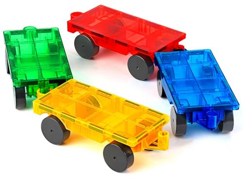 Magnetische Bauklötze Expansion Auto - 4 Grüne und gelbe magnetische Fliesen Auto Set Babyspielzeug, Magnet Bricks Truck Sensory Toys, Magnetic Construction Set für 3 4 5 6 + Jahre alte Jungen Mädchen