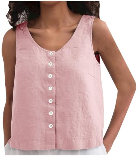 Ladies Cotton Linen Tank Tops Solid Summer Sleeveless Tshirt Button Up Vest Shirt Round-Neck Loose Tanks Casual Basic Tops for Women UK Sale