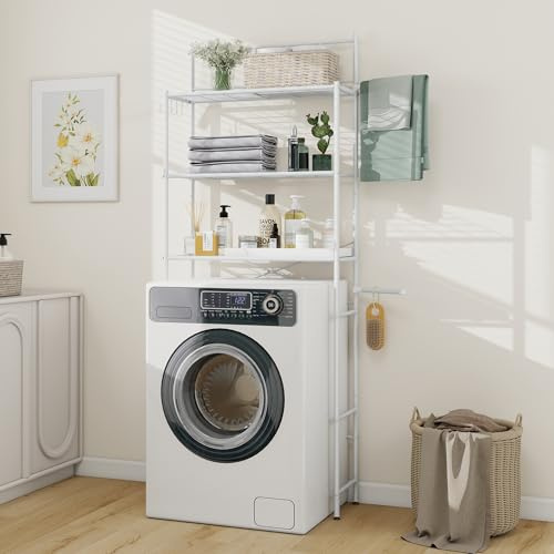 MallCreaty waschmaschinenschrank,Toilettenregal, 3-stufig Waschmaschinenregal, Handtuchhalter，platzsparend für das Badezimmer, über der Toilette, Metall,einfach zu montieren,65x167x24cm(weiß)