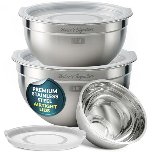 Baker's Signature Set di 3 ciotole in acciaio inox con coperchio, set di 3 ciotole per mescolare alimenti, cottura e servire, lavabili in lavastoviglie e adatte al microonde, argento, 1,5/3/5 qt