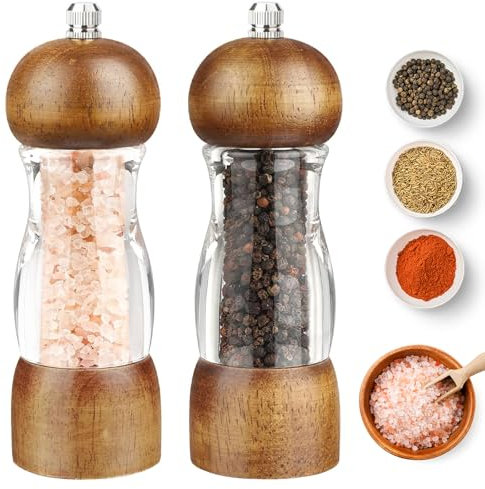 Chingcoo Salz und Pfeffermühle Holz Manuell, 2er-Set Salzmühle und Pfeffermühle Chilimühle(17cm), Gewürzmühle Einstellbarem Keramikmahlwerk
