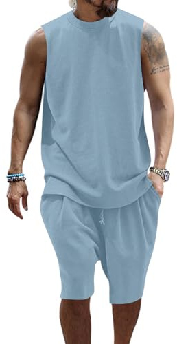PRIVIMIX Herrlinne och shorts set sommardräkt 2-delat shorts och ärmlös T-shirt ledig outfit M-3XL, Blå, L