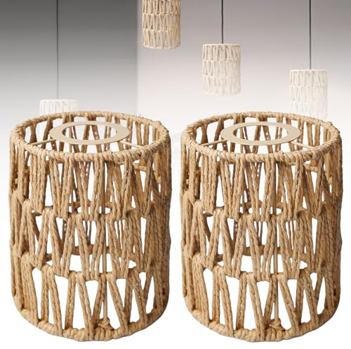 WANDGU 2 pièces abat-jour Boho : aba t-jou r en rotin, abat-jour tressé suspendu, accessoires aba t-jou r Ø 12cm E27 lampe (H 15cm)