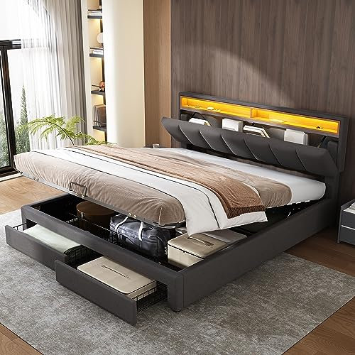 Upholstered Bed Frame with Hydraulic Lift & Drawers & Adjustable Concealed Storage Headboard, 5ft King Size Bed Frame with LED Lighting, Linen Functional Ottoman Storage Beds with Wooden Slats, Grey