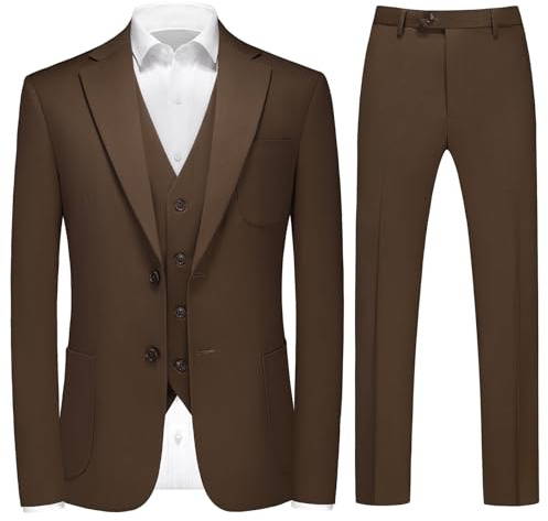 MODFUL Costume 3 pièces pour homme, coupe ajustée, décontracté, simple boutonnage, smoking, moderne, blazer de mariage, marron, S