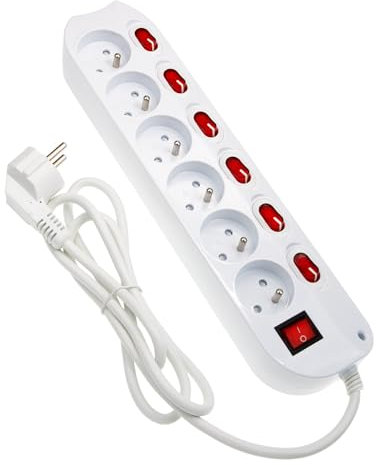 feletec Bloc multiprise 6 Prises avec interrupteurs individuels, adapté pour Un Montage Mural, Câble de 1,5 mètre, 230V 16A 3500W