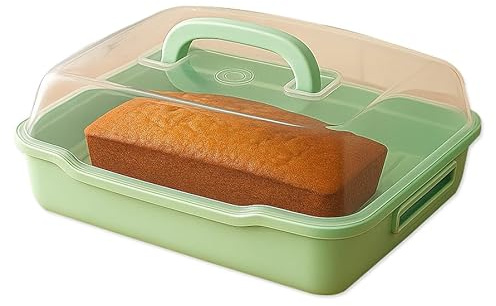 BH | Plastic Cake Storage Box | Green | 1Pc | BPA Free | Cake, Muffins and Pastry Carrier With Handle | Rectangular Lockable Food Container - L 40cm x W 28cm x H 10.5cm - (Pack of 1) - By BEST HOUSE
