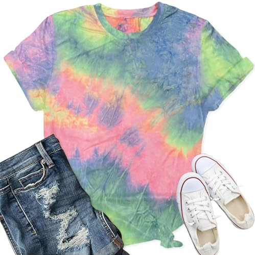 Qskall Womens Tie Dye T Shirt Colorful Shirts Casual Summer Tee Tops