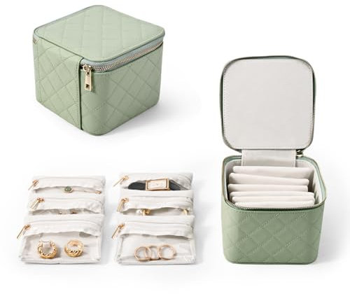 Papten Boîte à bijoux de voyage rigide - Livre avec poche transparente et fermetures éclair - Organisateur de bijoux pour femme - Pour boucles d'oreilles, colliers, bracelets - Vert clair