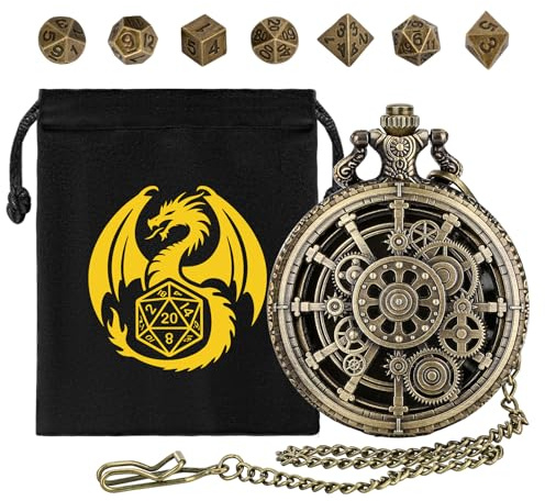 Mini DND Dice Set with Hollow Gear Pocket Watch Shell Case, 7pcs Polyhedral Metal Dice Set, D&D Starter Set, DND Gifts with Gift Bag, Role Playing Board Games Accessories, Bronze