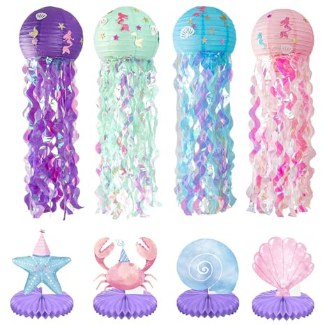 NAHUAA 4 Pezzi Lanterne di Carta Meduse Colori Lanterne di Carta da Appendere Jellyfish Sirena con 4 Centrotavola a Nido d'Ape per Decorazione per Compleanno, Feste a Tema Oceano, Sotto il Mare