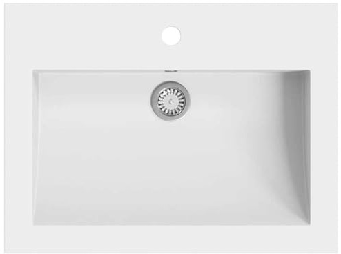 Lavabo de granito de 60 x 45 cm, color blanco, de 80% cuarzo y 20% resina, lavabo de alta calidad para baño y cocina, duradero y fácil de limpiar