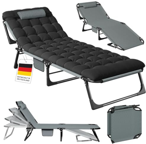 STEELSØN Nysaris Sonnenliege Klappbar – Strandliege in Grau/Schwarz – Outdoor Gartenliege wetterfest – Liegestuhl mit Polsterauflage – leichte Campingliege verstellbar mit Seitentasche – bis 180 kg