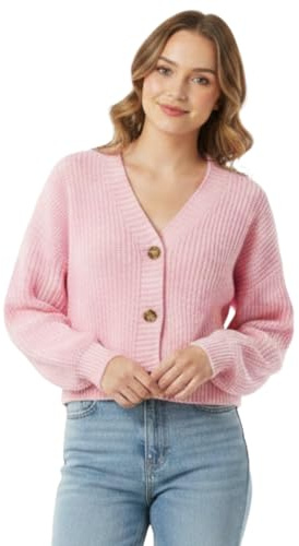 LUXFAB Womens Balloon Sleeve Chunky Knitted 3 Button Crop Cardigan V Neck Stretchy Fisher Knit Sweater Winter Warm Fancy Party Wear Top UK 8-14 Size (UK, Alpha, One Size, Regular, Regular, Baby Pink)