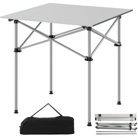 TANGZON Aluminum Folding Camping Table, Portable Picnic Table with Roll Up Tabletop & Carry Bag, Outdoor Dining Table for Garden Beach Hiking BBQ Parties (Square, Silver)