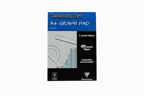 Clairefontaine - Ref XPG1Z - Technik Art - Graph Pad, A4 210 x 297mm, 1/5/10mm Blue Printed Grid Pattern, 40 Sheets Per Pad, Suitable for Photocopying - Blue & White