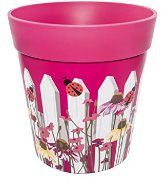 Hum Flowerpots, 22cm, Various Patterns Colours and Sizes, Indoor/Outdoor Plastic Plant Pot, pink ladybirds