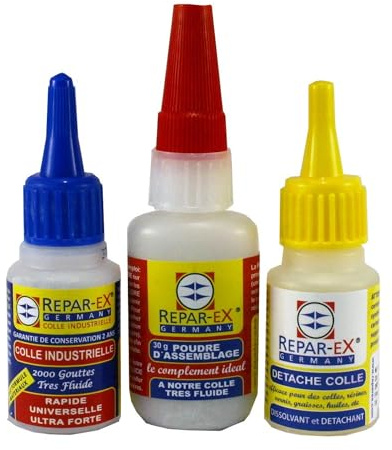 BRICOLAGEPRO - Lot de Colle Repar-ex 20g, de Poudre d'Assemblage 30g et de Détache Colle 20ml - Tous Supports