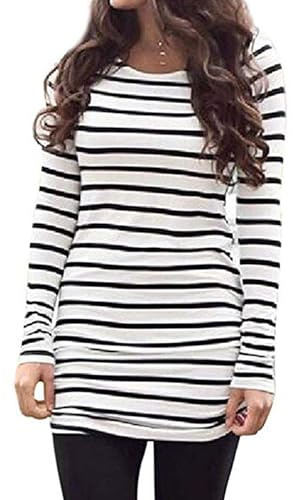 Sherosa Long Tops for Women to wear With Leggings Dressy Round Neck Triple Color Block Stripe T-Shirt (M, Black and White)