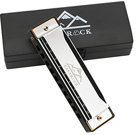EastRock - Harmonica à 10 trous, 20 mélodies de Blues, clé de Do - pour débutants, adultes, enfants ou comme cadeau, livré avec étui et chiffon de nettoyage