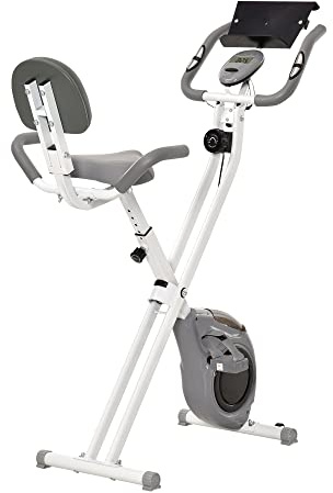 HOMCOM Bicicleta estática magnética plegable bicicleta de fitness bicicleta interior gran comodidad respaldo sillín ajustable manijas pantalla LCD multifunción soporte tableta acero blanco gris