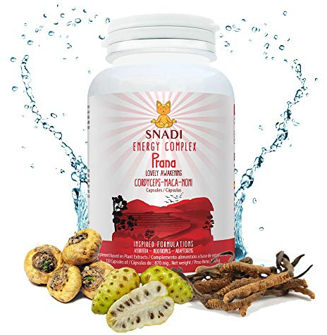 Adaptógenos: Cordyceps, Maca y Noni l 120 capsulas - 600 mg I Potencia el estado de ánimo, regula el sistema nervioso y muscular y consigue más energía. Vegano. Prana de Snadi.