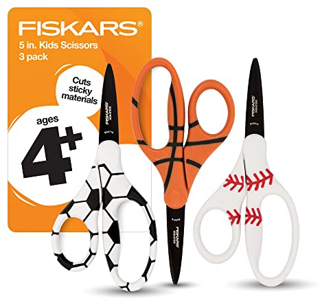 Fiskars 5 Pointed-Tip Scissors for Kids 4-7 with Non-Stick Blades (3-Pack) - Scissors for School or Crafting - Back to School Supplies - Sports Design