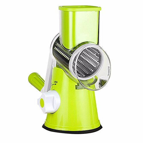 Multi-function vegetable cutter Hand drum rotary shaper, with 3 stainless steel blades, very suitable for potato grater, vegetable slicer, cheese grinder(green)