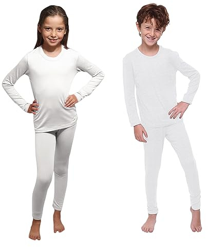 Kids Thermal Underwear Skins Set Long Sleeve Top Vest and Long Johns Leggings, Boys Girls Base Layer, Football, Sports, Ski White 8-10