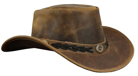 Leatherick Cappello da Cowboy in Pelle - Cappello Intrecciato Marrone Cappello Australiano Vintage Conchos Outback con Tesa Larga e Cordino per Il Mento (L, Marrone (Treccia))
