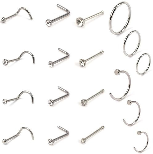 Nose Studs Rings Hoop Set, Stainless Steel Nose Studs Nose Screw Nose Hoop Rings CZ Nose Piercing Jewelry for Women Men, Pack of 18 Pieces