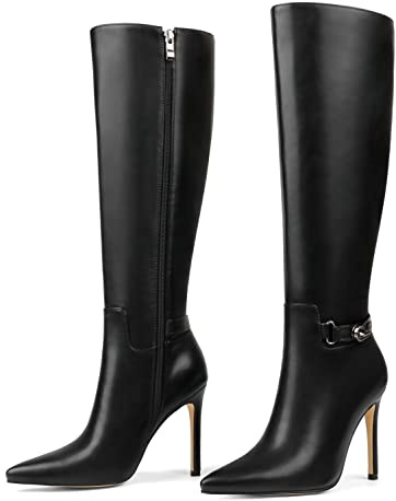 COLETER Women's Knee High Boots Pointed Toe Stiletto Buckle Dress Boots Zipper Heeled Boots Matte Black 9US