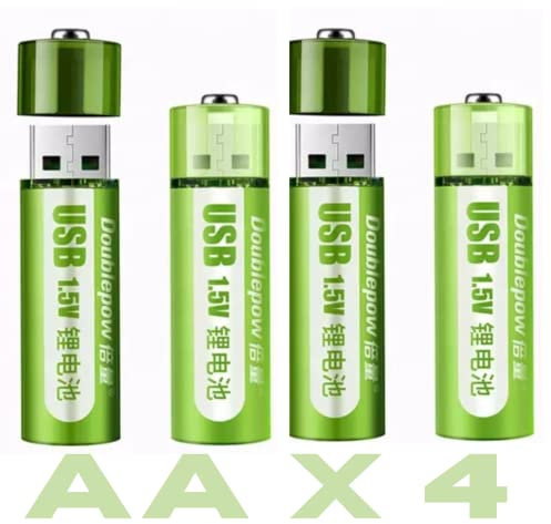 4 Pilas Recargables USB AA 1800mwh 1.5v Iones de Litio. Aplicación : Juguetes, Herramientas eléctricas, electrodomésticos. Ciclo de Vida 1200 Veces.