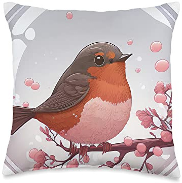 Cute Romantic Red Robin Orb Cherry Blossom Throw Pillow