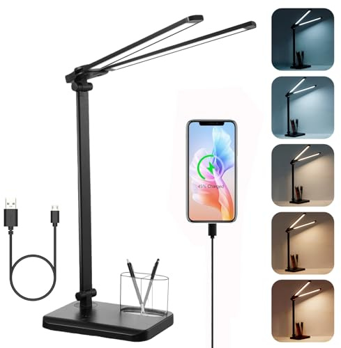 rigors 45CM Lampe de Bureau LED Double Tête, 10 Niveaux de Luminosité & 5 Modes de Couleur Protection de Dimmable Yeux Lampe Bureau avec Port de Charge USB, Fonction Mémoire et Minuterie de 45 Minutes