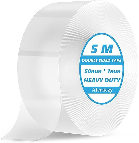 Aieraczy 5 cm x 5 m dubbelsidig tejp, extra stark, icke-märken, dubbelsidig tejp, tvättbar avtagbar dubbelsidig tejp, transparent tejp dubbelsidig tunn för matta